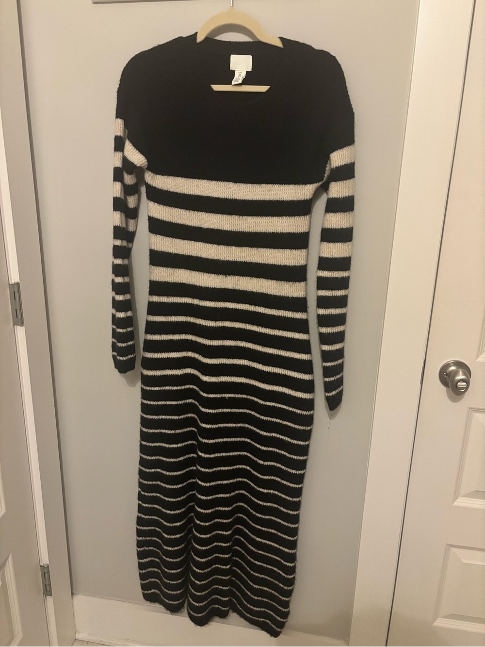 H&M Black and Cream Long-Sleeve Striped Maxi Sweater Dress